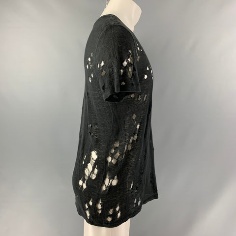 IRO Size S Black Distressed Linen Crew-Neck T-shirt