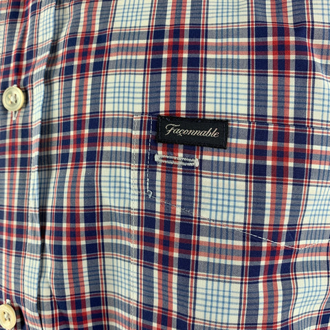 FACONNABLE Size XL White Blue & Red Checkered Cotton Long Sleeve Shirt