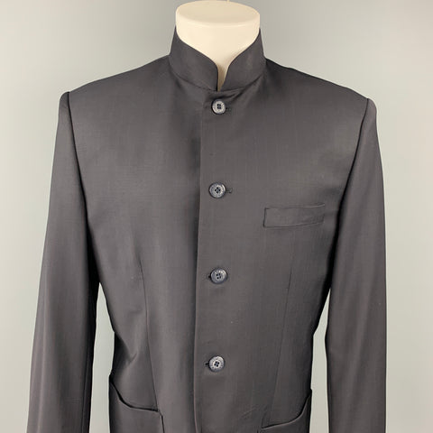 SHANGHAI TANG 40 Long Black & Red Pinstripe Wool Blend Nehru Collar Sport Coat