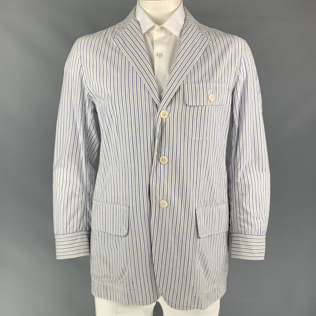 ISSEY MIYAKE Size 44 White & Blue Stripe Cotton Sport Coat