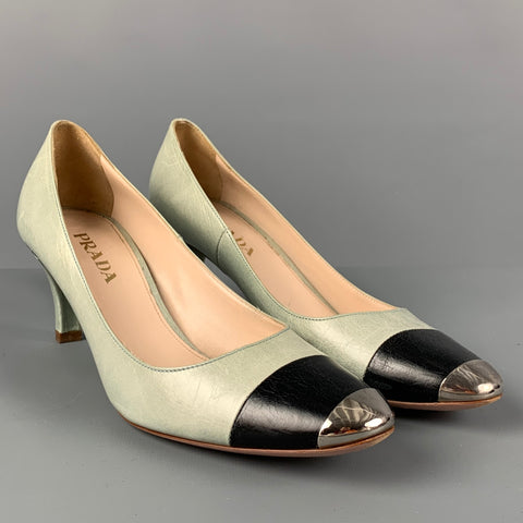 PRADA Size 7 Mint Black Silver Leather Color Block Cap Toe Pumps