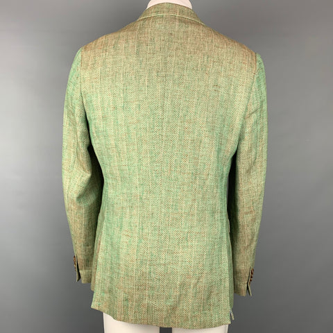 ETRO Superleggera Size 40 Green & Tan Herringbone Cotton / Linen Notch Lapel Sport Coat