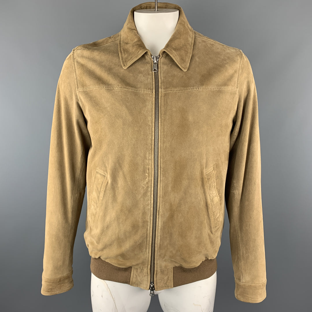 GANT L Tan Suede Zip Up Slit Pockets Buttoned Cuffs Bomber Style Jacket