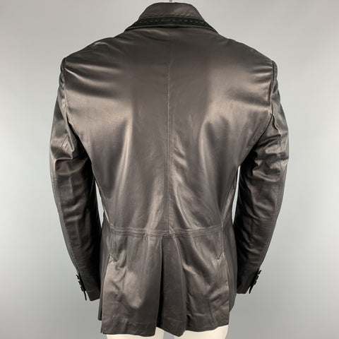 JUST CAVALLI Size XXL Black Solid Leather Peak Lapel Jacket