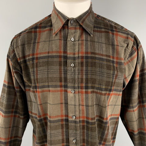 ETRO Size S Brown & Orange Plaid Corduroy Button Up Long Sleeve Shirt