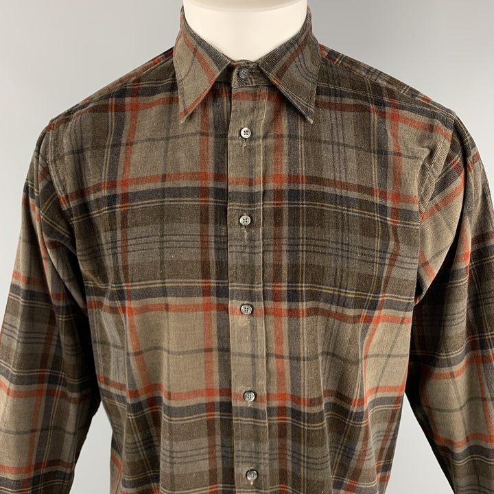 ETRO Camisa de manga larga con botones de pana a cuadros marrón y naranja talla S
