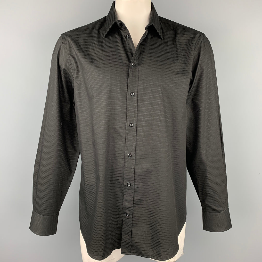 EMPORIO ARMANI Size XL Black Textured Cotton Button Up Long Sleeve Shirt