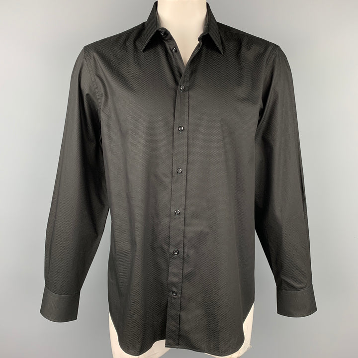 EMPORIO ARMANI Size XL Black Textured Cotton Button Up Long Sleeve Shirt