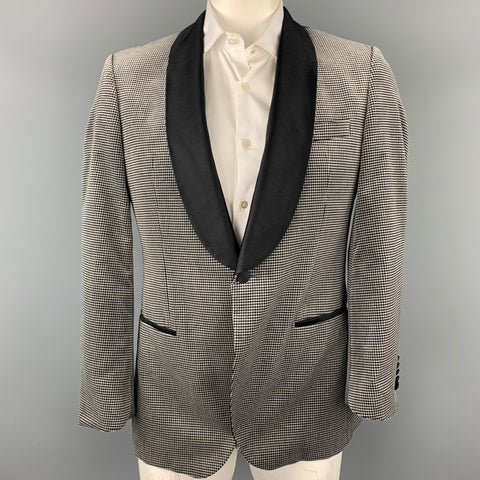 HUGO BOSS Tailored Size 42 Grey & Black Houndstooth Cotton Velvet Shawl Lapel Sport Coat