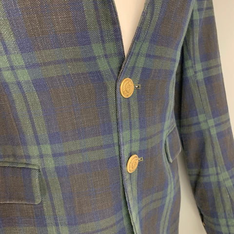 DSQUARED2 Size 36 Navy Green Blackwatch Plaid Cotton Sport Coat