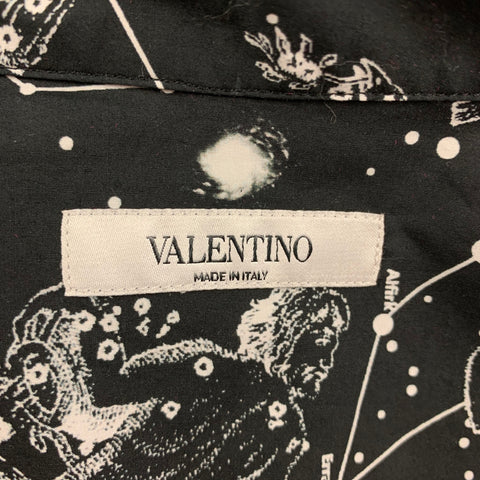 VALENTINO Size L Black White Print Cotton Camp Short Sleeve Shirt