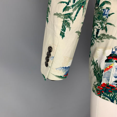 R13 Size S Ivory Green Print Cotton / Silk Shawl Collar Sport Coat