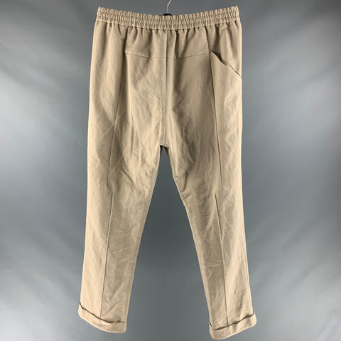 DEVOA Size XL Khaki Solid Cotton Linen Elastic Waistband Casual Pants