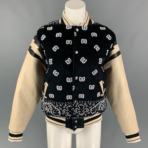 RHUDE SS 22 Taille S Veste Bomber en Cuir Brodé en Coton Crème Noir