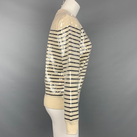 CELINE Size S Cream Sequined Striped Wool Marin Sweater