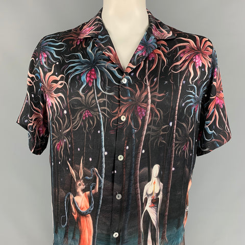 ENDLESS JOY Size XL Multi-Color Print Silk Camp Short Sleeve Shirt