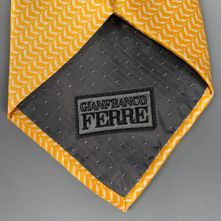 GIANFRANCO FERRE Yellow White Herringbone Silk Satin Tie