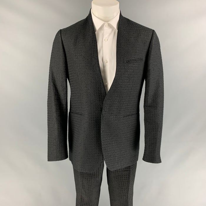 ETRO Size 40 Black & Navy Jacquard Silk Blend Collarless Suit