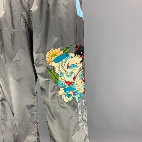 DOLCE & GABBANA Size L Grey Blue Muay Thai Embroidered Nylon Elastic Waistband Casual Pants
