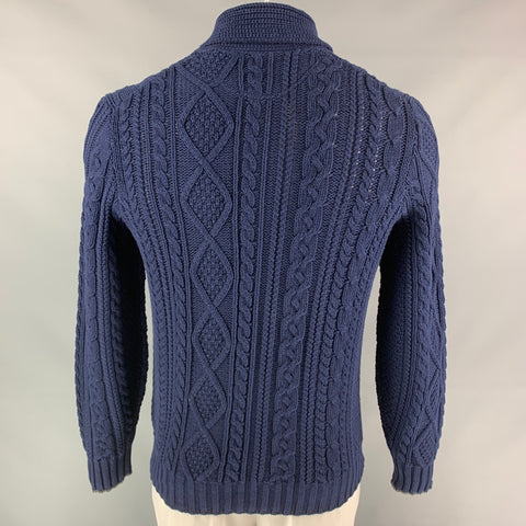 BRUNELLO CUCINELLI Size L Navy Cable Knit Cotton / Polyamide Shawl Collar Sweater