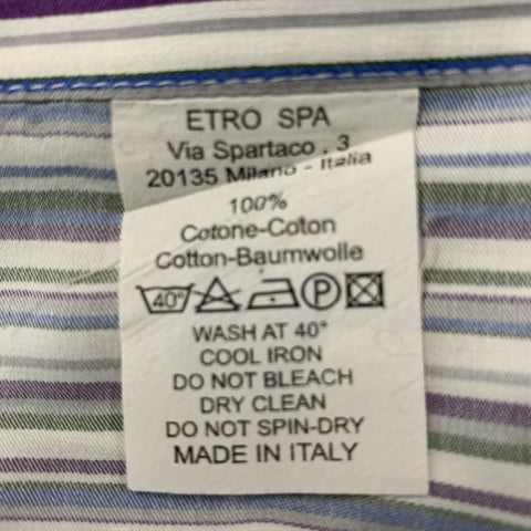 ETRO Size L White Blue Stripe Cotton Button Up Long Sleeve Shirt