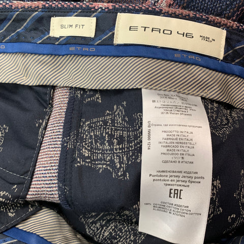 ETRO Size 30 Navy Plaid Cotton Flat Dress Pants