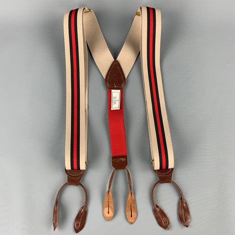 BILL BLASS Stripe Taupe & Red Leather Trim Elastic Suspenders
