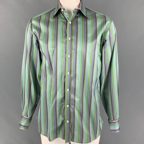 TED BAKER Size M Green Purple Stripe Cotton French Cuff Long Sleeve Shirt