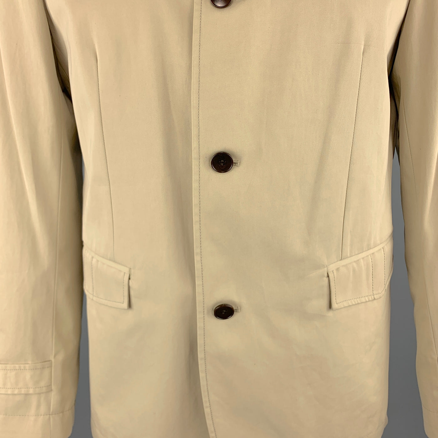 THEORY Size L Khaki Cotton High Collar Belted Cuffs Buttoned Long Jacket