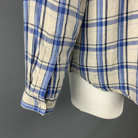MARGARET HOWELL Size XL Grey & Blue Plaid Linen Button Up Long Sleeve Shirt