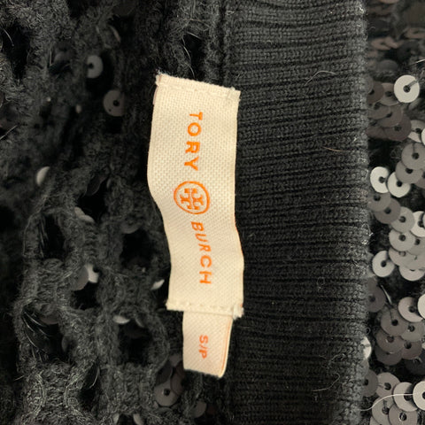 TORY BURCH Talla XS Jersey negro con cuello redondo y lentejuelas de lana merino