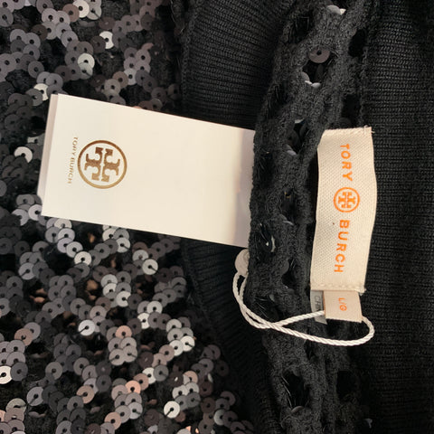 TORY BURCH Taille L Noir Voir à travers le pull à col rond en maille pailletée
