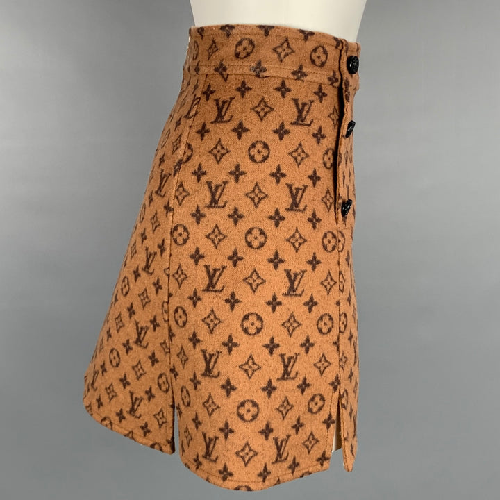 LOUIS VUITTON FW 2020 Size 4 Tan Wool / Silk A-line Monogram Mini Skirt