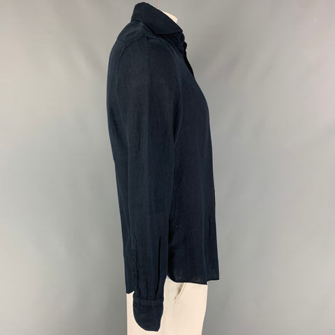 FINAMORE Size M Navy Linen Button Up Long Sleeve Shirt