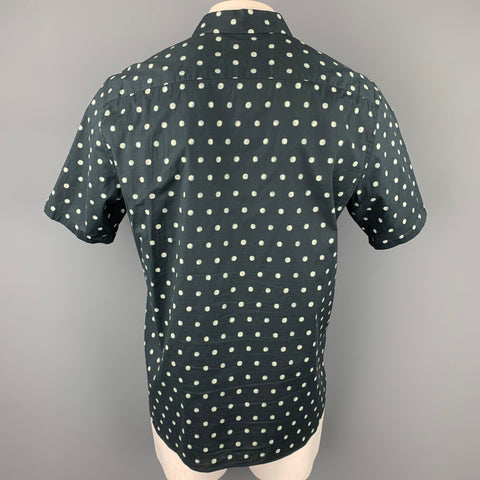 THEORY Size L Black & White Dots Cotton Blend Button Up Short Sleeve Shirt