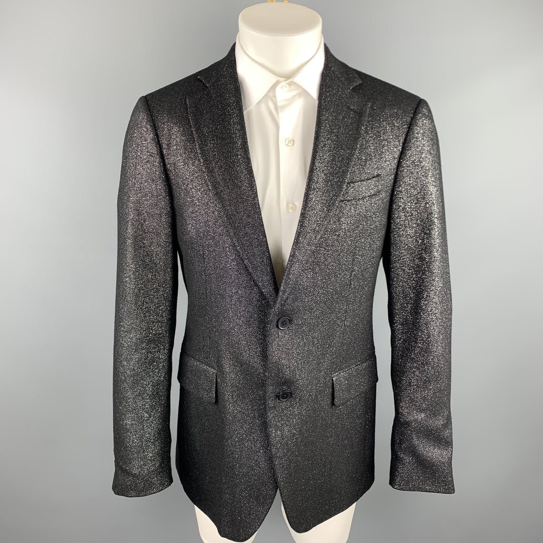 MICHAEL KORS Size 40 Regular Black & Silver Metallic Wool Blend Sport Coat