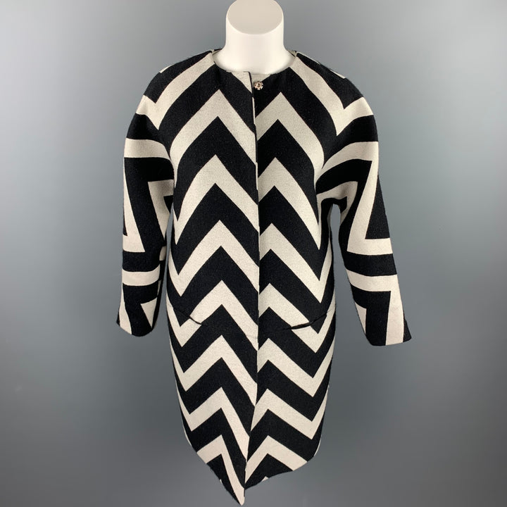MSGM Size 6 Black & White Chevron Wool / Silk Collarless Coat