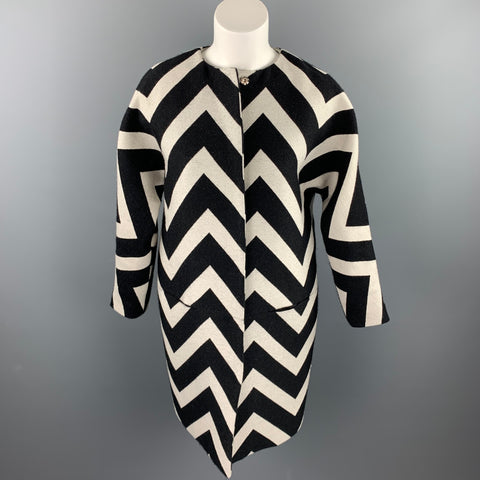 MSGM Size 6 Black & White Chevron Wool / Silk Collarless Coat