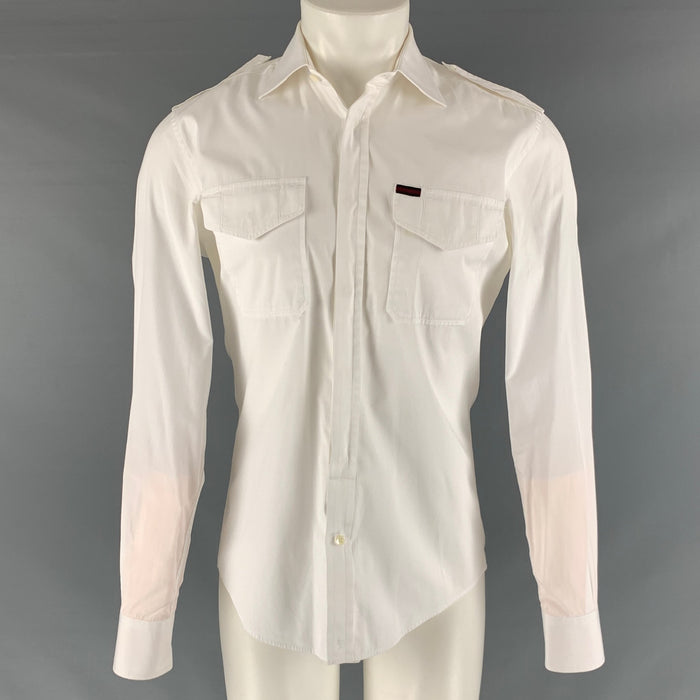 GUCCI Size M White Cotton Epaulettes Long Sleeve Shirt