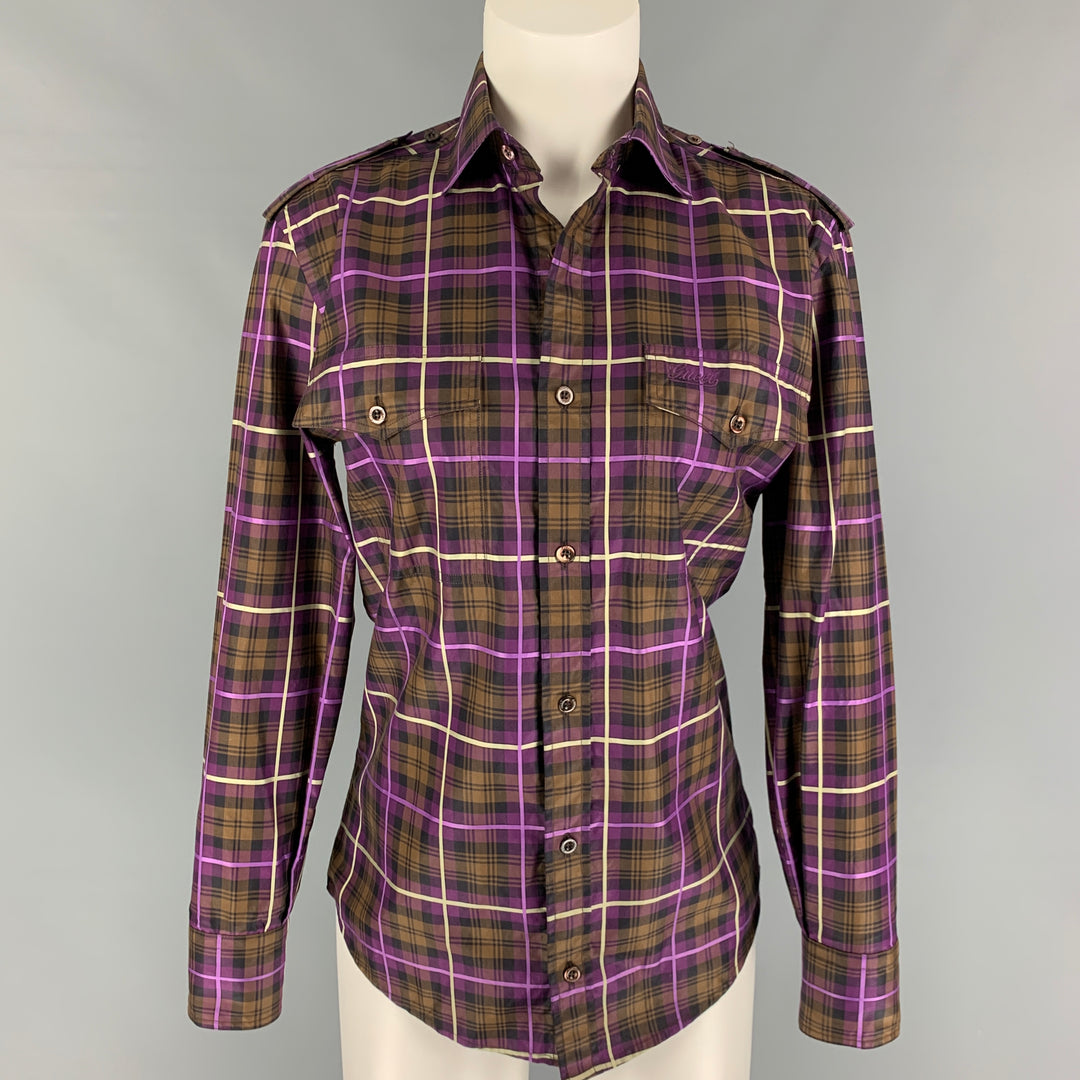 GUCCI Talla XS Camisa de manga larga con botones a cuadros marrón morado