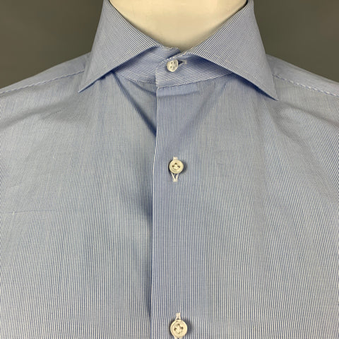 ISAIA Size L Pinstripe Light Blue Cotton Button Up Long Sleeve Shirt