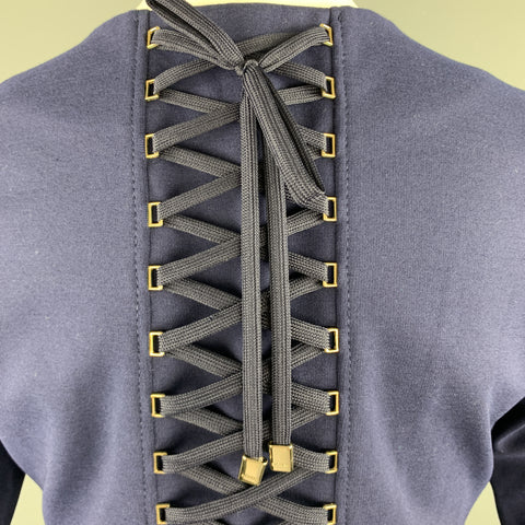 ESCADA Vestido tubo con cordones y manga tres cuartos en azul marino profundo, talla 6