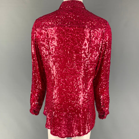 DRIES VAN NOTEN Size M Pink Sequined Viscose Hidden Placket Long Sleeve Shirt