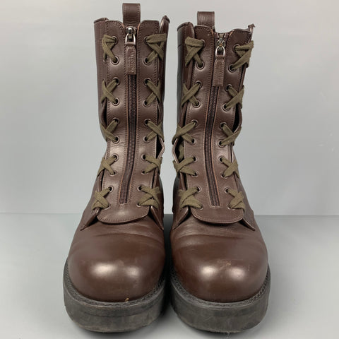 VALENTINO Size 10 Brown Leather Zip Up Combat Boots