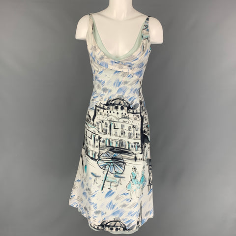 RICHARD TYLER Talla 10 Vestido de cóctel sin mangas con dibujo de seda azul blanco