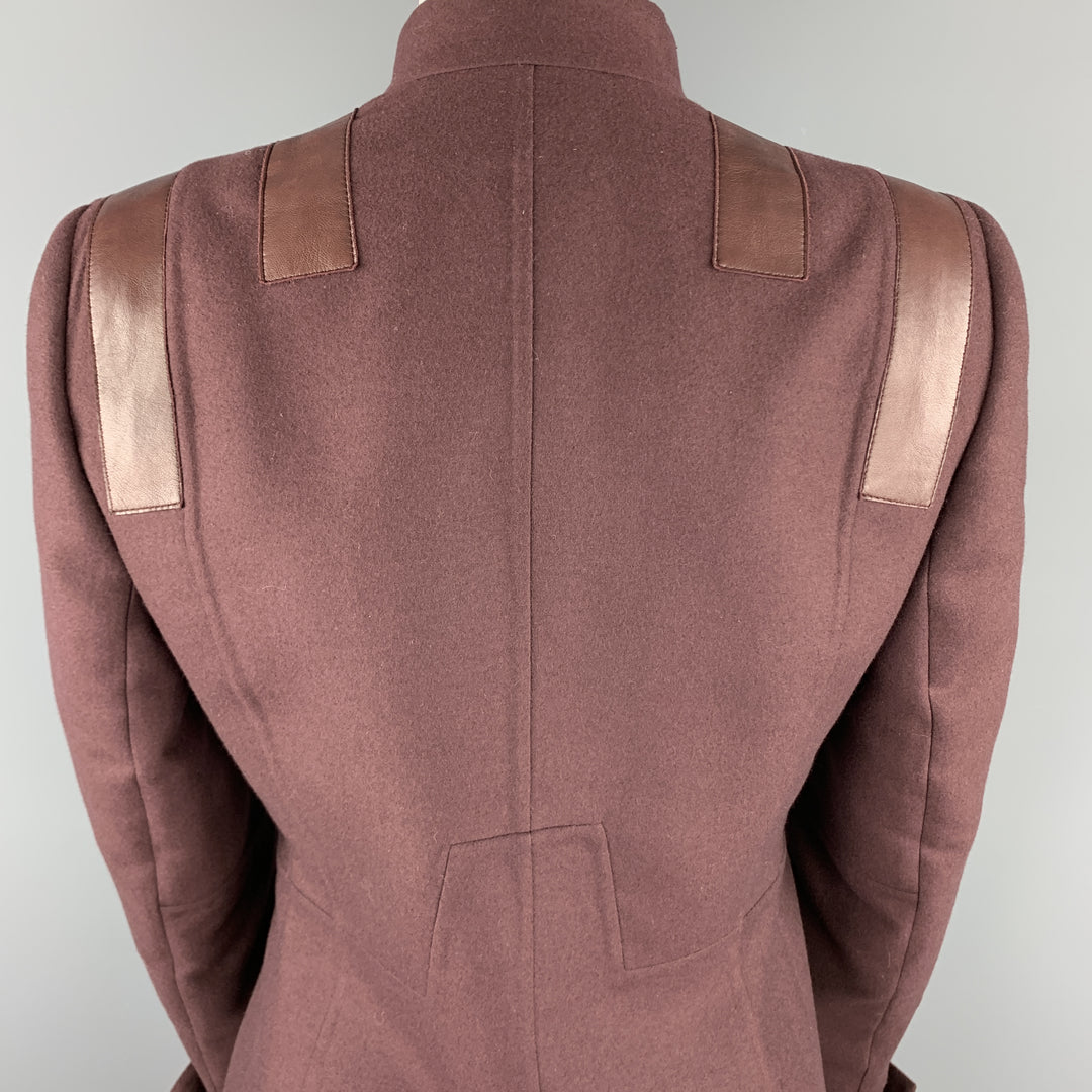AKRIS Size 8 Burgundy Cashmere Leather Panel High Neck Jacket