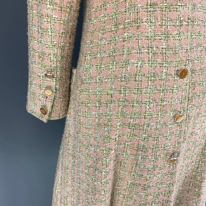 CHANEL 2005 Size 4 Pink Light Green Pink Boucle Cotton Blend Houndstooth Coat