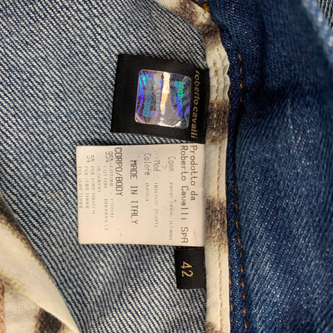 ROBERTO CAVALLI Taille 6 Short en coton/polyuréthane à ourlet zébré indigo et marron