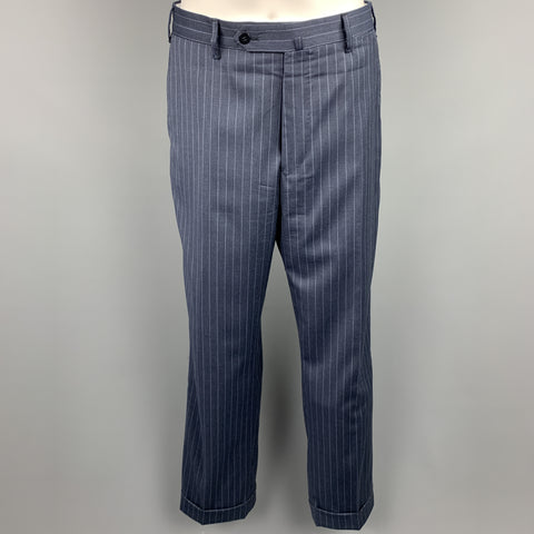 BORRELLI Size 38 Navy Stripe Wool Notch Lapel Suit