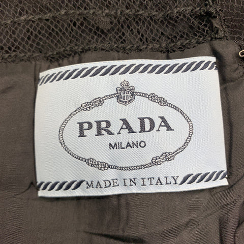 PRADA Talla 10 Vestido de cóctel de manga larga con top de encaje de seda plisado negro
